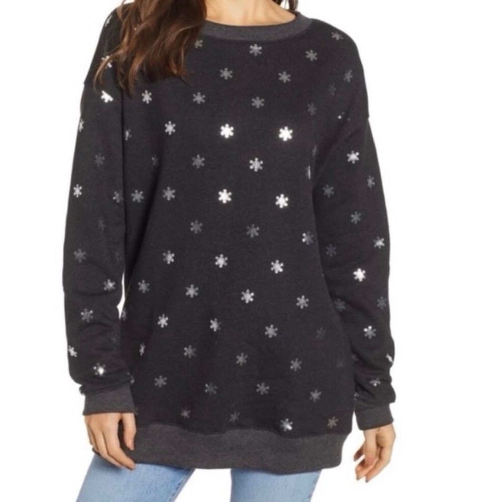 Wildfox Silver Metallic Snowflake Dark Gray Road Trip Sweatshirt